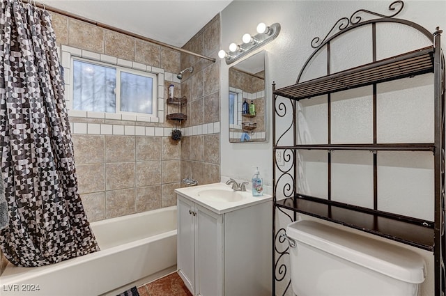 full bathroom featuring toilet, vanity, and shower / tub combo