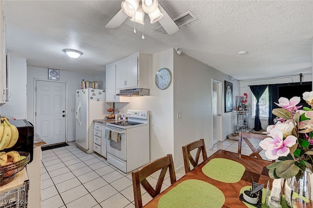 kitchen featuring white cabinets, a textured ceiling, white appliances, and ceiling fan