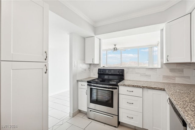 kitchen with backsplash, appliances with stainless steel finishes, white cabinetry, light stone countertops, and crown molding