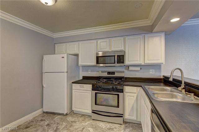 kitchen with white cabinets, stainless steel appliances, crown molding, and sink