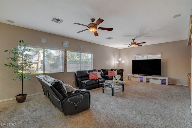 carpeted living room featuring ceiling fan