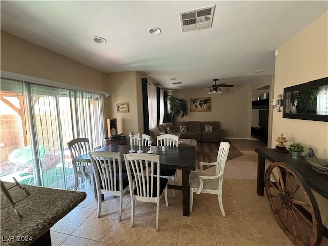 dining space featuring visible vents, a ceiling fan, light tile patterned flooring, and recessed lighting