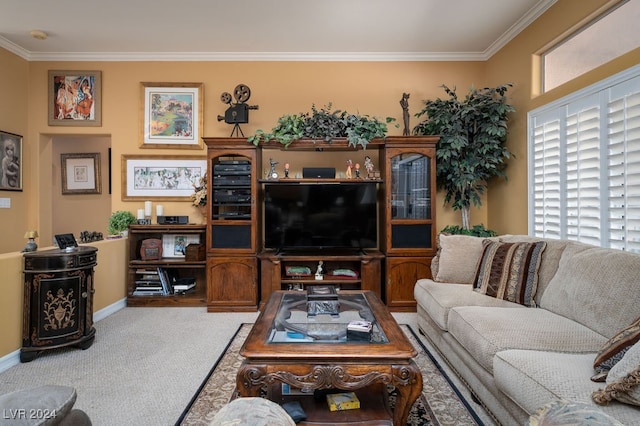 carpeted living room with crown molding