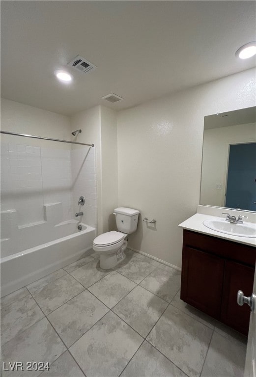 full bathroom with bathtub / shower combination, tile patterned floors, vanity, and toilet