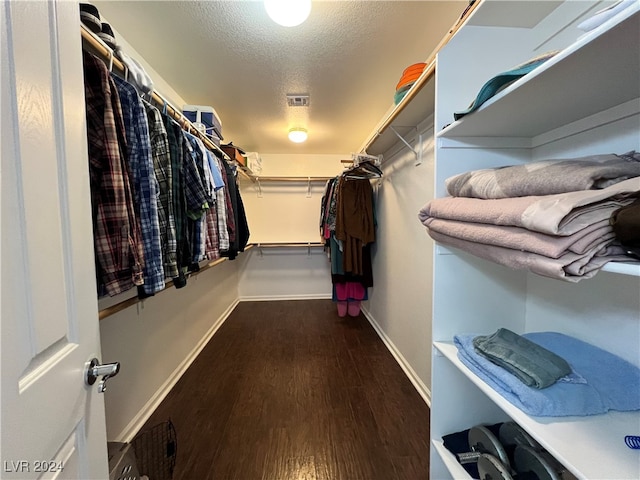 spacious closet with dark hardwood / wood-style flooring