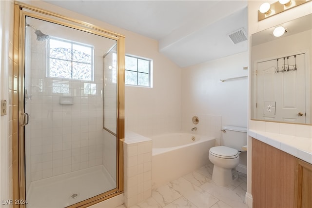 full bathroom with toilet, vanity, and independent shower and bath