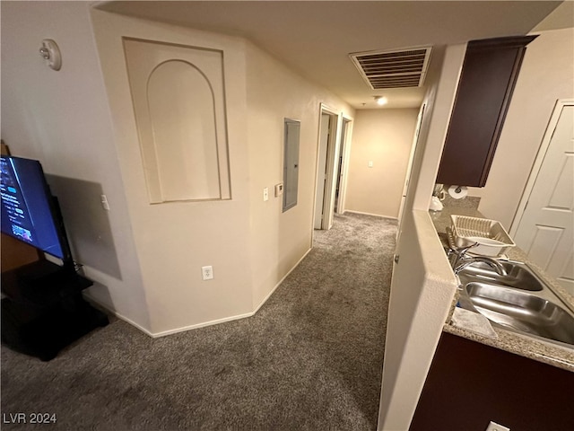 hall with electric panel, carpet flooring, and sink