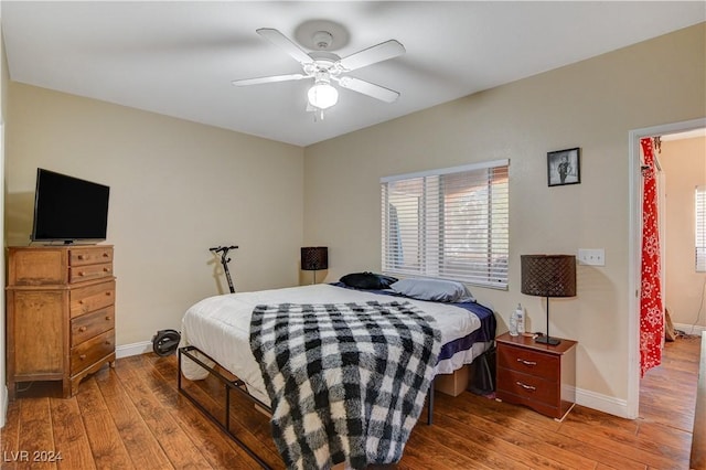 bedroom featuring wood-type flooring, multiple windows, and ceiling fan