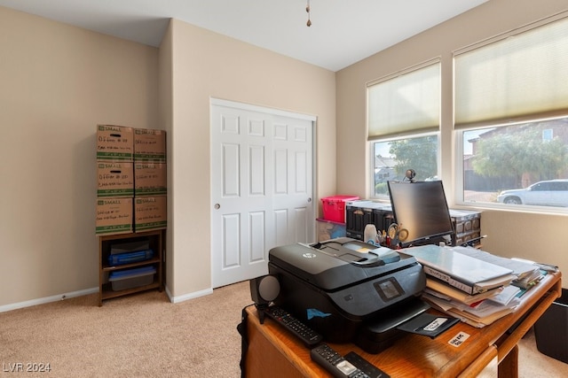 home office with light carpet