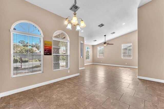 3689 Callahan Ave, Las Vegas, NV 89120 - tiled spare room with a chandelier, lofted ceiling, baseboards, ceiling fan, and recessed lighting