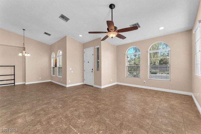 3689 Callahan Ave, Las Vegas, NV 89120 - unfurnished living room with a ceiling fan, a chandelier, vaulted ceiling, baseboards, and recessed lighting