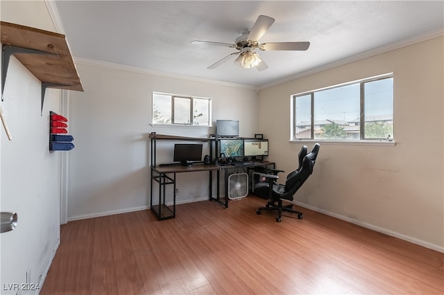 office area with wood-type flooring, ornamental molding, and a wealth of natural light