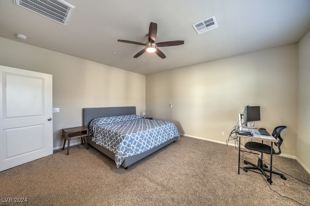 bedroom with ceiling fan and carpet floors