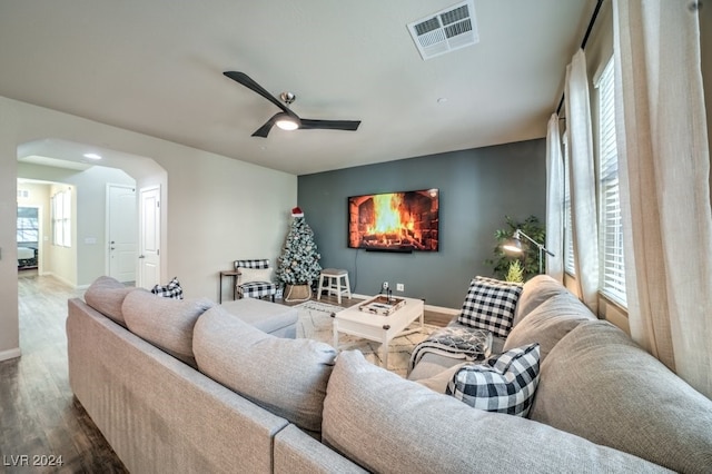 living room with ceiling fan, hardwood / wood-style flooring, and a wealth of natural light