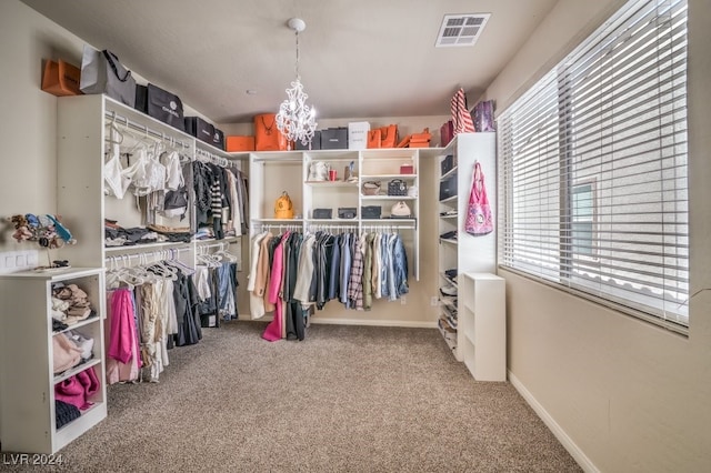 walk in closet featuring carpet floors and an inviting chandelier