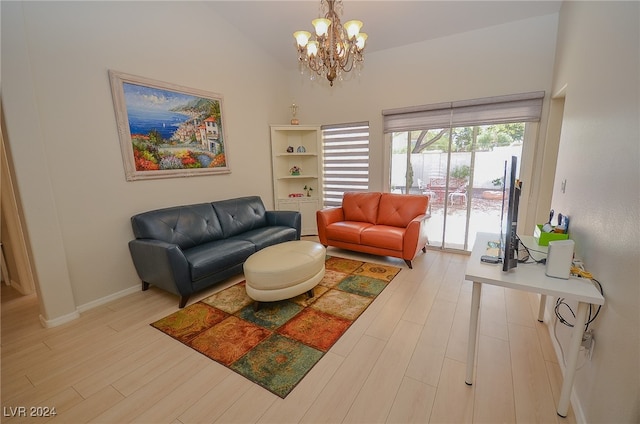 living room featuring light hardwood / wood-style floors, vaulted ceiling, and a notable chandelier