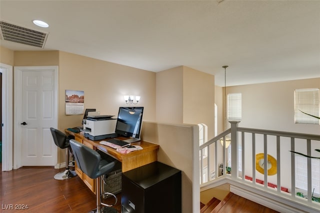 office featuring a chandelier and dark hardwood / wood-style flooring