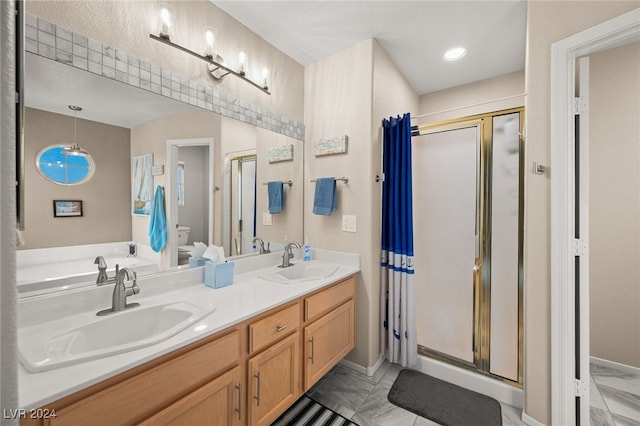 full bathroom with independent shower and bath, vanity, and toilet