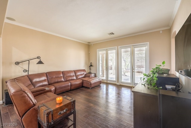 living area with dark wood-type flooring, arched walkways, and crown molding