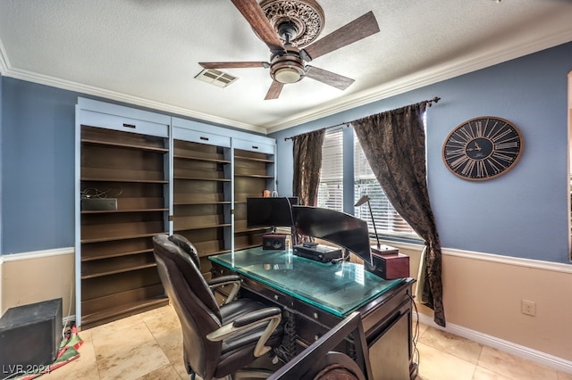 office featuring a ceiling fan, visible vents, crown molding, and a textured ceiling