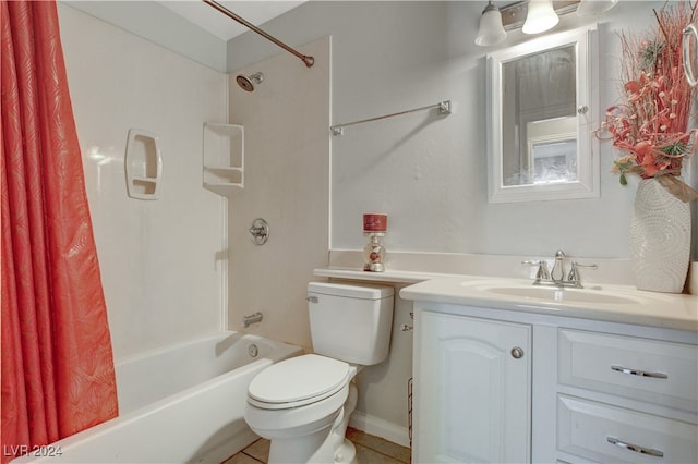 full bathroom featuring shower / bathtub combination with curtain, tile patterned floors, vanity, and toilet