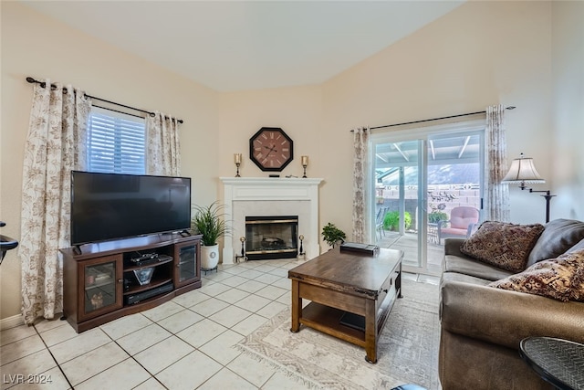 living room with light tile patterned flooring