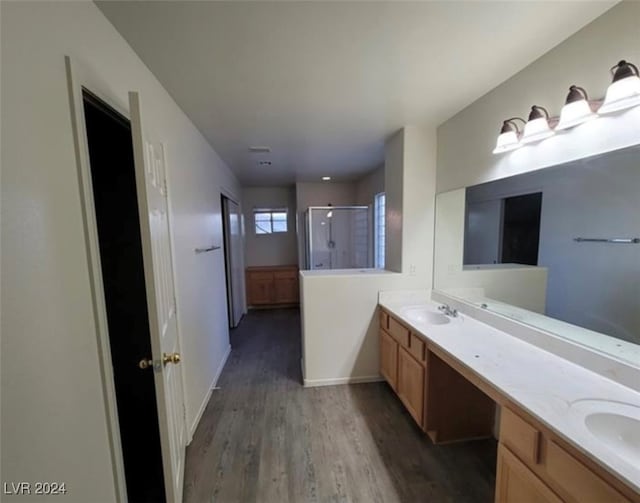 bathroom with wood-type flooring, vanity, and a shower with shower door