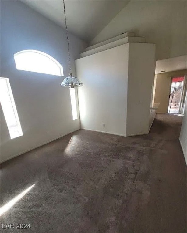 interior space with dark carpet and high vaulted ceiling