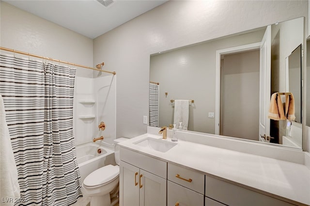 full bathroom with toilet, vanity, and shower / bathtub combination with curtain