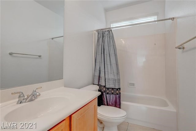 full bathroom featuring shower / bath combination with curtain, vanity, toilet, and tile patterned floors