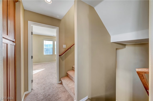 staircase with vaulted ceiling and carpet flooring