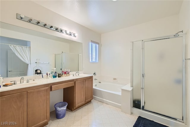 bathroom with vanity and plus walk in shower