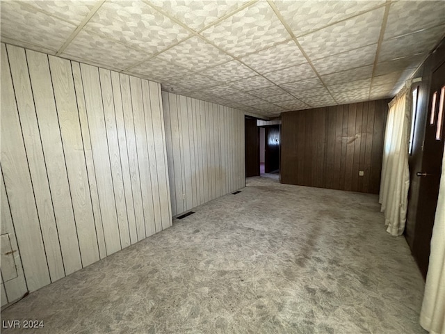 basement featuring carpet floors and wood walls