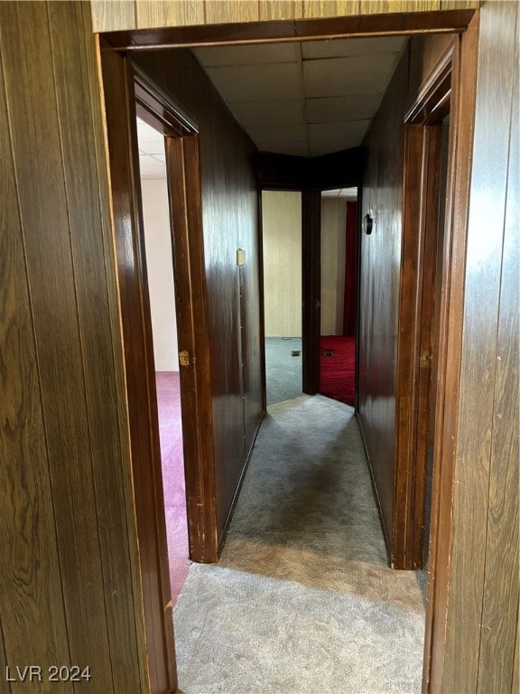 hall with carpet flooring and wooden walls