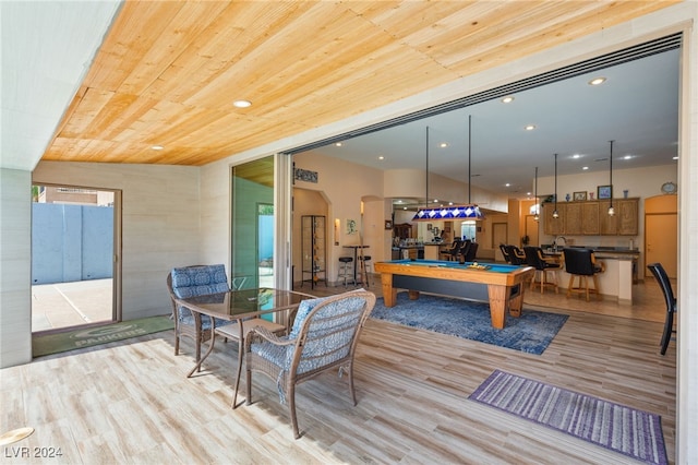 game room featuring wooden ceiling, billiards, and light hardwood / wood-style flooring