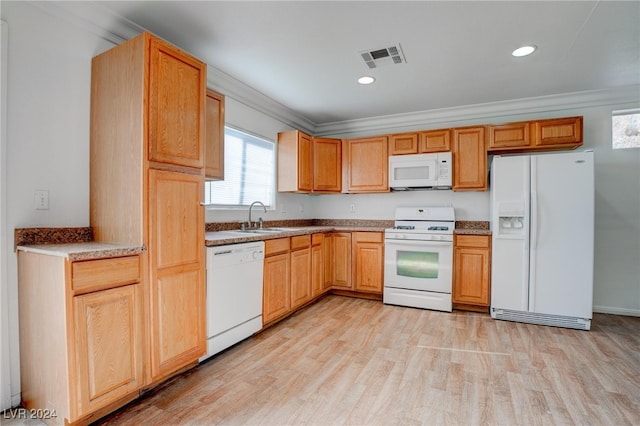 kitchen with crown molding, white appliances, sink, and light hardwood / wood-style flooring