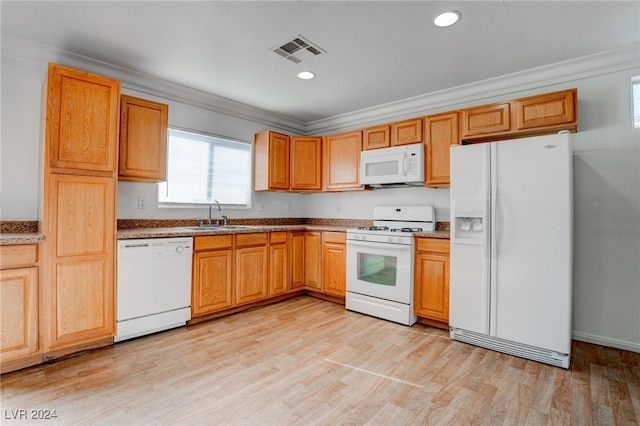 kitchen with white appliances, light hardwood / wood-style floors, crown molding, and sink