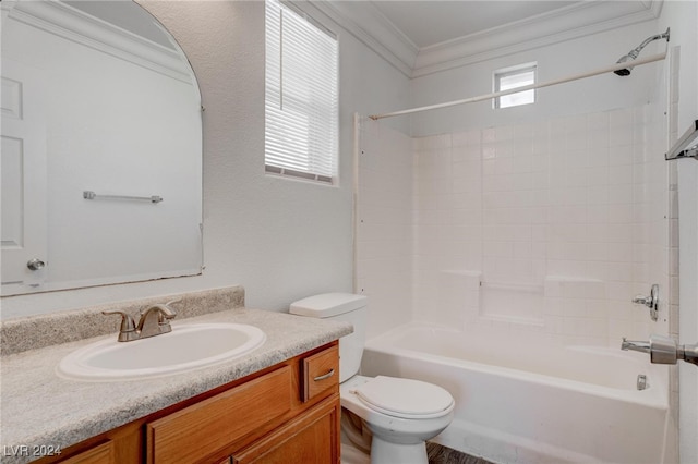 full bathroom with crown molding, vanity, shower / bathtub combination, and toilet