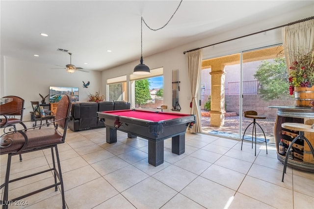 game room with ceiling fan, light tile patterned floors, and billiards