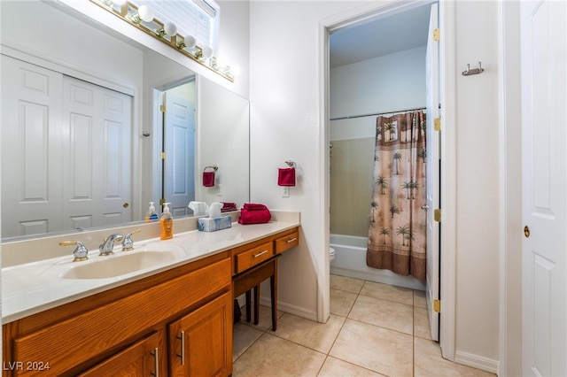 full bathroom featuring toilet, vanity, tile patterned flooring, and shower / bath combination with curtain