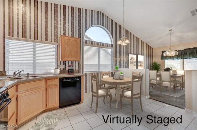 kitchen featuring a wealth of natural light, light tile patterned flooring, light brown cabinetry, decorative light fixtures, and dishwasher