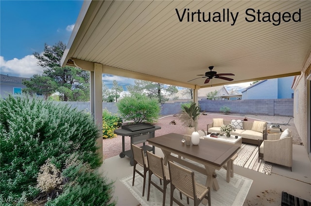 view of patio / terrace featuring ceiling fan and an outdoor hangout area