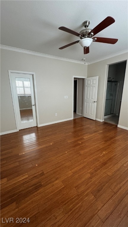 unfurnished room with ornamental molding, dark hardwood / wood-style flooring, and ceiling fan