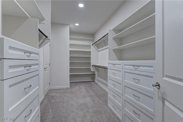 spacious closet featuring light carpet