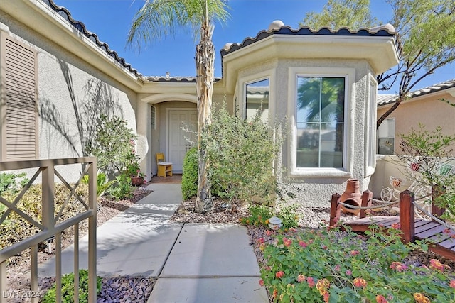 view of exterior entry with a patio