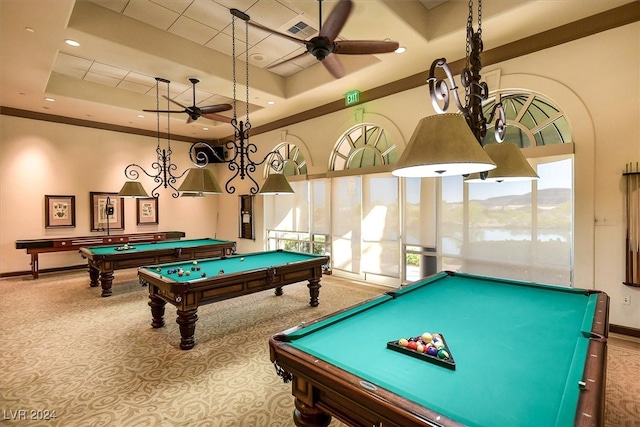 playroom featuring a raised ceiling, carpet, and billiards