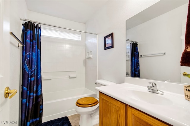 full bathroom featuring shower / tub combo with curtain, toilet, tile patterned flooring, and vanity