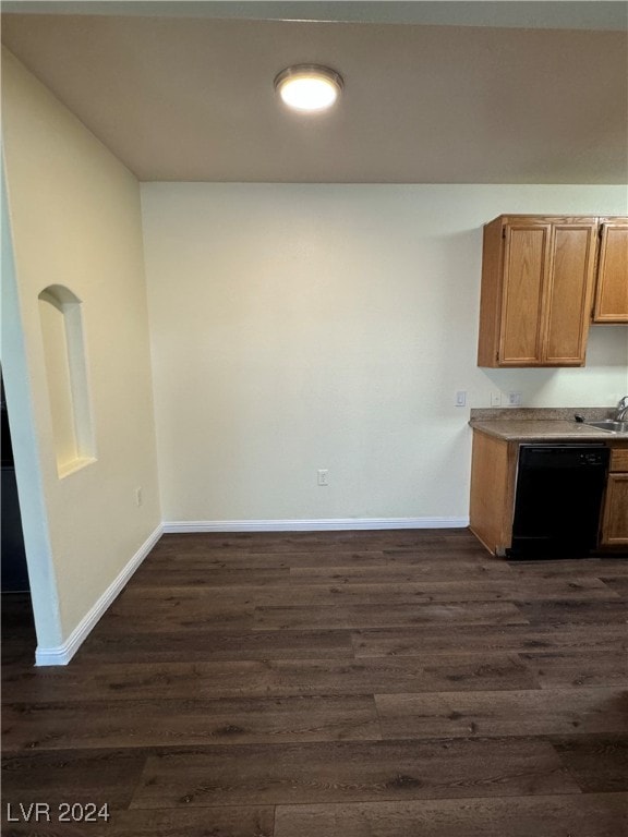 kitchen with black dishwasher, sink, and dark hardwood / wood-style flooring