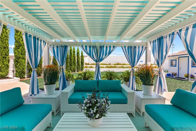 view of patio with an outdoor hangout area and a pergola