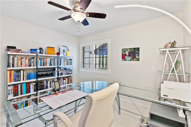 office area featuring light tile patterned floors and ceiling fan